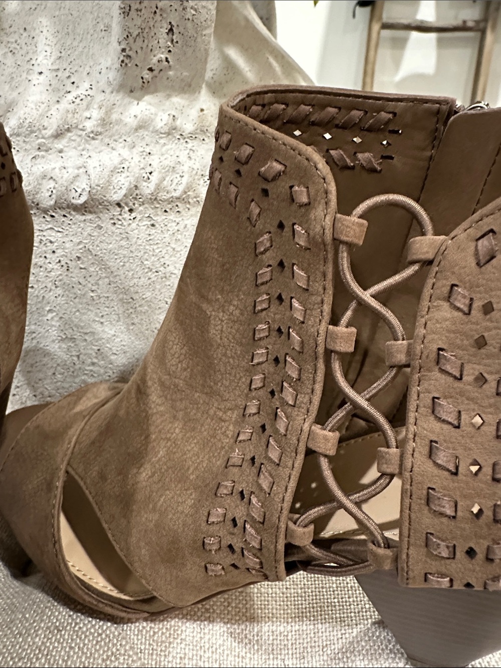 Vince Camuto Brown Suede Lace-Up Peep Toe Cone Heel Sandals - Picture 3 of 3